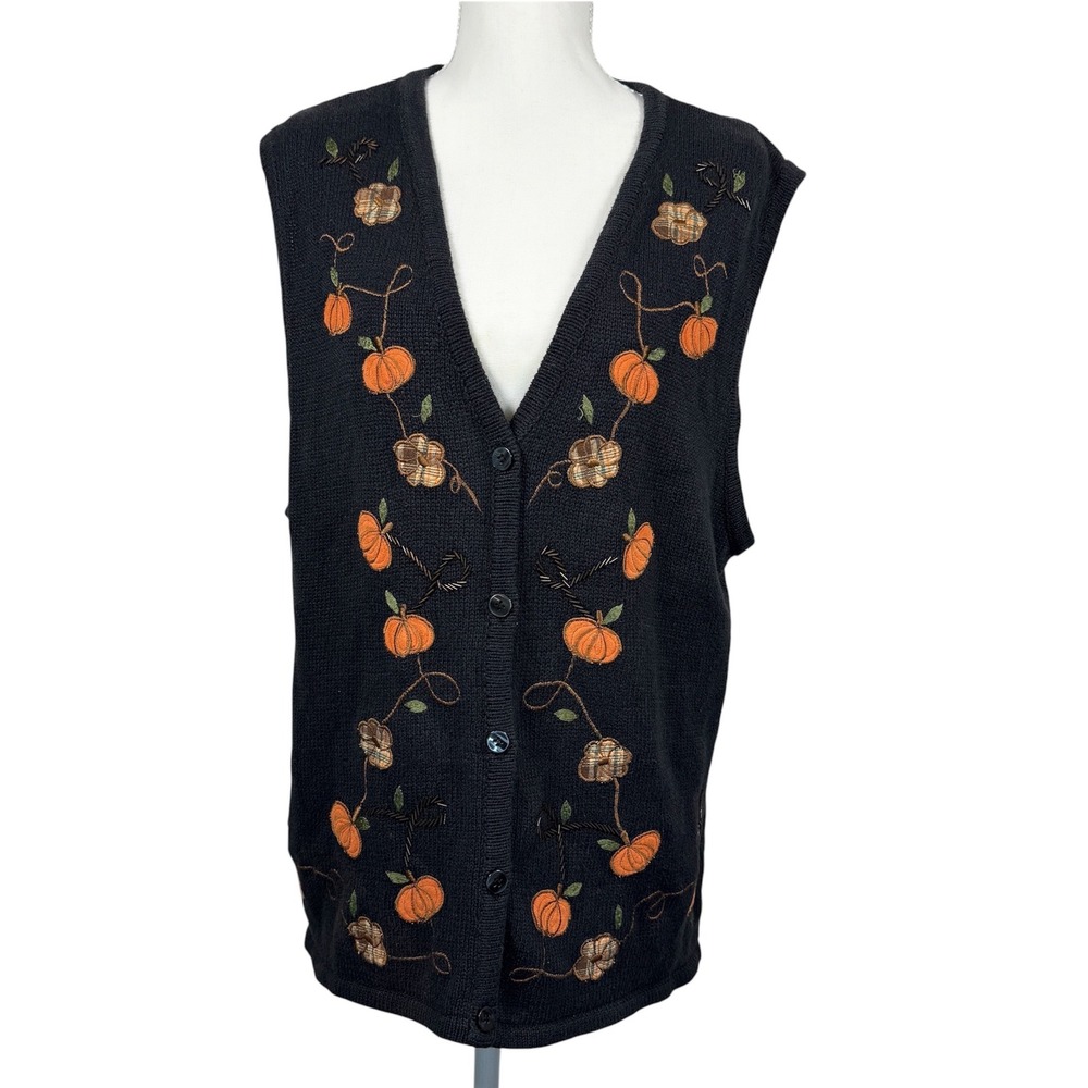Vintage Bobbie Brooks Pumpkin Patch Knit Sweater Vest Size XL Fall Quirky 90s
